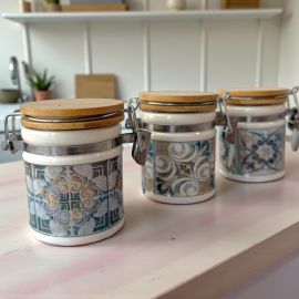 BARATTOLINI ERMETICI TAPPO IN LEGNO NATURALE CON MAIOLICHE EFFETTO VINTAGE