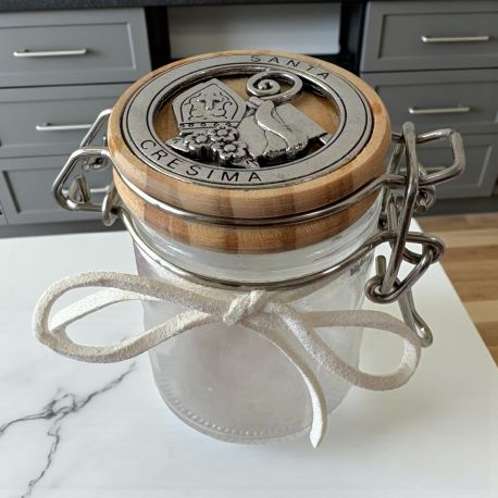 VASETTO IN VETRO CON TAPPO ERMETICO CON SIMBOLI SACRI SANTA CRESIMA