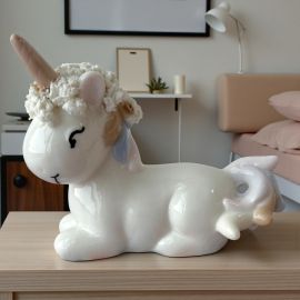 STATUA UNICORNO IN CERAMICA LUCIDA CON DETTAGLI PASTELLO E SCATOLA REGALO