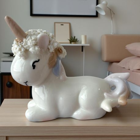 STATUA UNICORNO IN CERAMICA LUCIDA CON DETTAGLI PASTELLO E SCATOLA REGALO