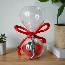 BOMBONIERA CLESSIDRA CON SABBIA ROSSA E CIONDOLO TOCCO LAUREA