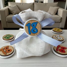 SACCHETTO PER CONFETTI CON APPLICAZIONE IN LEGNO NUMERO 18 ASSORTITA