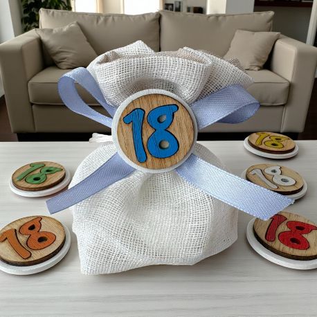 SACCHETTO PER CONFETTI CON APPLICAZIONE IN LEGNO NUMERO 18 ASSORTITA