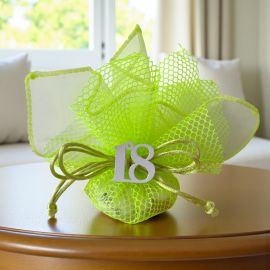SACCHETTO PORTACONFETTI VERDE FLUO CON NUMERO 18 BIANCO