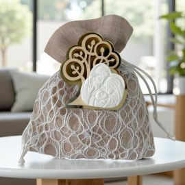 SACCHETTO PORTACONFETTI BEIGE CON ALBERO DELLA VITA LEGNO E ORO