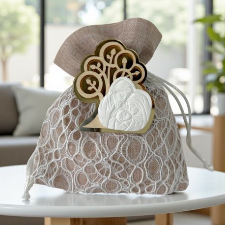 SACCHETTO PORTACONFETTI BEIGE CON ALBERO DELLA VITA LEGNO E ORO