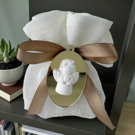 SACCHETTO PER CONFETTI CON MEDAGLIONE ANGIOLETTO PER BATTESIMO E COMUNIONE