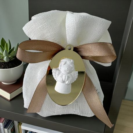 SACCHETTO PER CONFETTI CON MEDAGLIONE ANGIOLETTO PER BATTESIMO E COMUNIONE