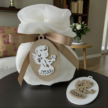 SACCHETTINO PORTACONFETTI CON ANGIOLETTO CON CUORE IN MANO PER BATTESIMI E COMUNIONI