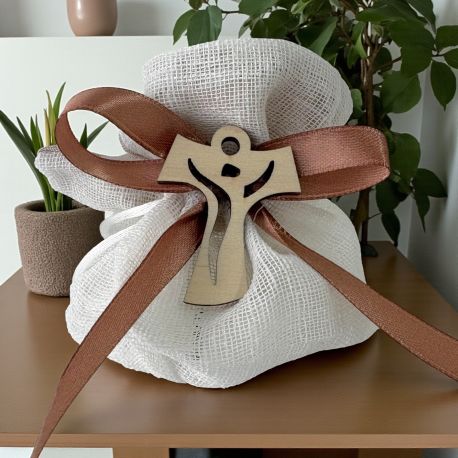 CIONDOLO TAO IN LEGNO CON SACCHETTO PANNA E BEIGE CONFETTATA EVENTO SACRO