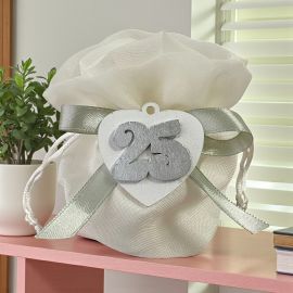 CUORE IN LEGNO NUMERO 25 CON SACCHETTINO A ROSA PER NOZZE ARGENTO