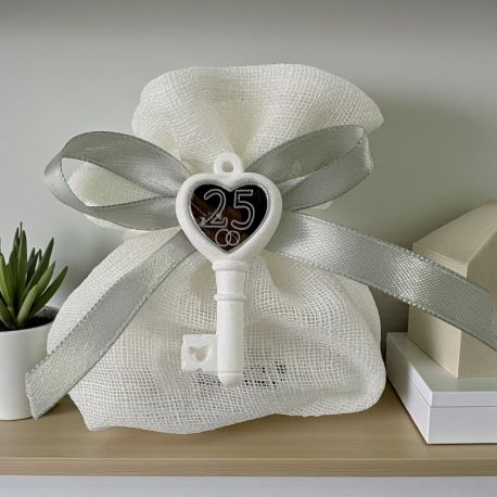 SACCHETTINO PORTACONFETTI CON CHIAVE E CUORE PER ANNIVERSARIO 25 ANNI