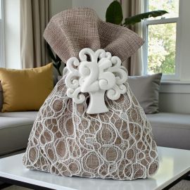 BOMBONIERA GESSETTO ALBERO DELLA VITA CON NUMERO 25 E SACCHETTINO ELEGANTE