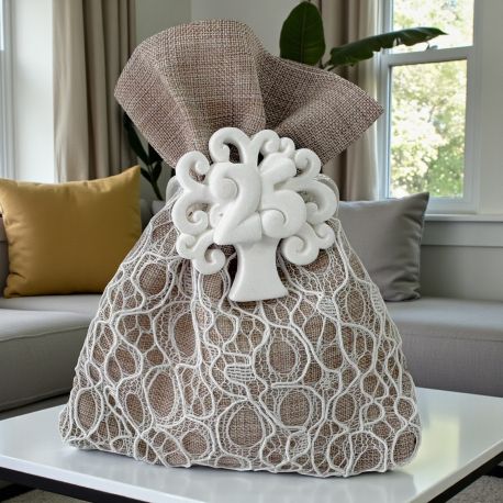 BOMBONIERA GESSETTO ALBERO DELLA VITA CON NUMERO 25 E SACCHETTINO ELEGANTE