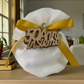 CALAMITA BOMBONIERA 50 ANNI INSIEME CON SACCHETTINO CON ROSA PER NOZZE ORO