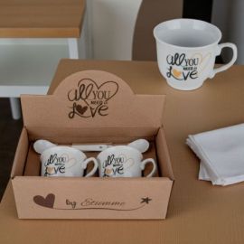 SET TAZZE CAFFÈ CON CUCCHIAINI "ALL YOU NEED IS LOVE" BOMBONIERE MATRIMONIO