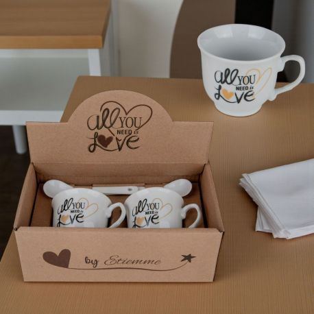 SET TAZZE CAFFÈ CON CUCCHIAINI "ALL YOU NEED IS LOVE" BOMBONIERE MATRIMONIO