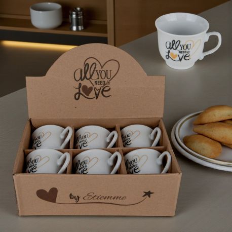 SET 6 TAZZE CAFFÈ CON CUCCHIAINI "ALL YOU NEED IS LOVE" BOMBONIERE ROMANTICHE