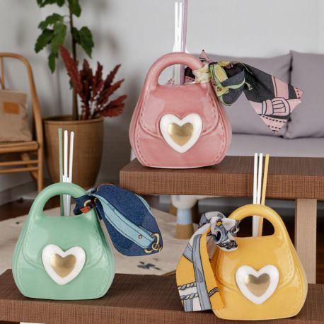 BOMBONIERA DIFFUSORE ESSENZA BORSETTA CON CUORE DORATO E FOULARD