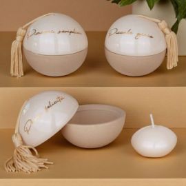 BOMBONIERA PORTACANDELA A FORMA DI SFERA CON NAPPINA E SCRITTA DORATA