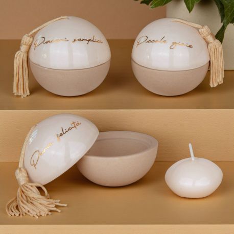 BOMBONIERA PORTACANDELA A FORMA DI SFERA CON NAPPINA E SCRITTA DORATA