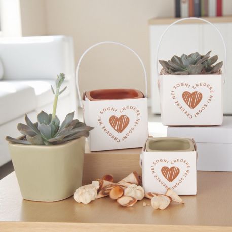 PORTA PIANTE IN TERRACOTTA CON GIFT BAG CUORE E FRASE PER BOMBONIERE EVENTI