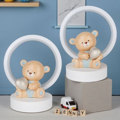 LAMPADA ORSETTO CON CUORICINO BOMBONIERA BATTESIMO E PRIMO COMPLEANNO BIMBO