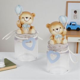 BARATTOLO ORSETTO CON PALLONCINO CUORE PER BATTESIMO E COMPLEANNO BIMBO
