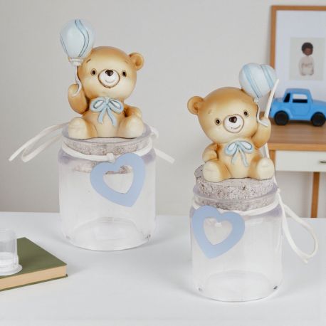 BARATTOLO ORSETTO CON PALLONCINO CUORE PER BATTESIMO E COMPLEANNO BIMBO