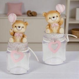 BOMBONIERA BARATTOLO ORSETTO CON PALLONCINO CUORE PER BATTESIMO BIMBA