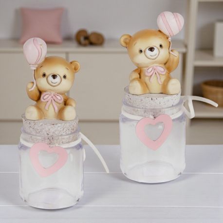 BOMBONIERA BARATTOLO ORSETTO CON PALLONCINO CUORE PER BATTESIMO BIMBA