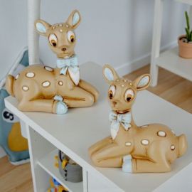 BOMBONIERA STATUINA CERVO CON FIOCCHETTO AZZURRO PER NASCITA BIMBO