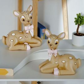 STATUINA CERVO CON FIOCCHETTO ROSA BOMBONIERA NASCITA BIMBA