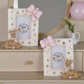 BOMBONIERA PORTAFOTO CON CERVE E FIOCCO ROSA PER BATTESIMO FEMMINUCCIA