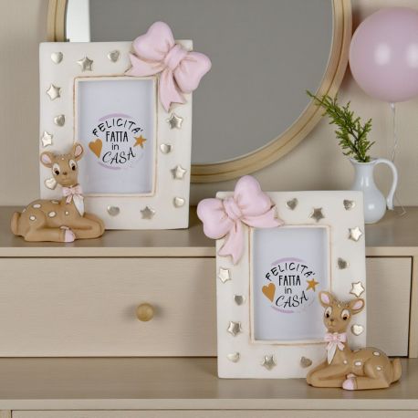 BOMBONIERA PORTAFOTO CON CERVE E FIOCCO ROSA PER BATTESIMO FEMMINUCCIA