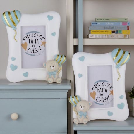 BOMBONIERA CORNICE PORTAFOTO CON ORSETTO E PALLONCINO PER BATTESIMO