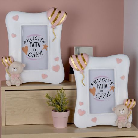 BOMBONIERA CORNICI PORTAFOTO CON ORSETTO E PALLONCINO PER BATTESIMO BIMBA