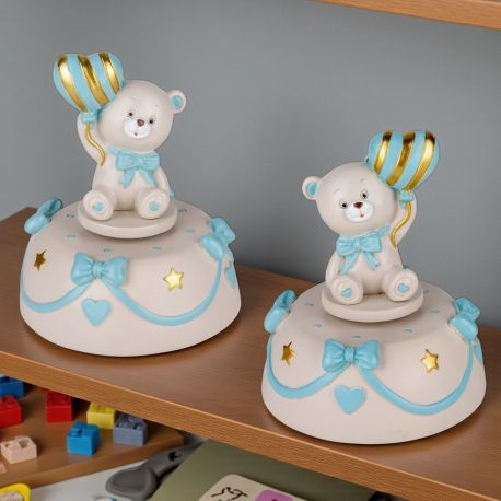 BOMBONIERA CARILLON ORSETTO CON PALLONCINO A CUORE PER BATTESIMO BIMBO