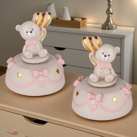 BOMBONIERA CARILLON ORSETTO CON PALLONCINO PER BATTESIMO BIMBA