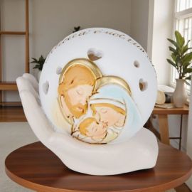 ICONA A SFERA LED SU MANO CON CUORICINI E SACRA FAMIGLIA PER BOMBONIERE ORIGINALI