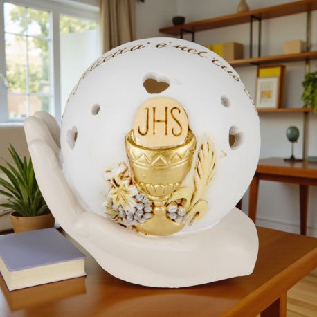 ICONA A SFERA CON LUCE LED TRAFORATA SU MANO PER PRIMA COMUNIONE UNICA