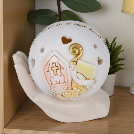ICONA A SFERA CON LUCE LED TRAFORATA CUORICINI PER SANTA CRESIMA SU MANO