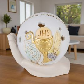 ICONA A SFERA CON LUCE LED E CUORICINI PER PRIMA COMUNIONE E CRESIMA