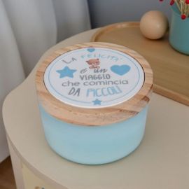 BOMBONIERA PORTACANDELA IN VETRO CON ORSETTO, CUORICINI AZZURRI E FRASE