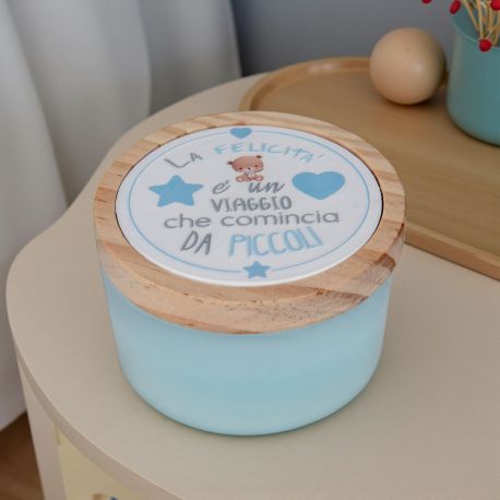 BOMBONIERA PORTACANDELA IN VETRO CON ORSETTO, CUORICINI AZZURRI E FRASE