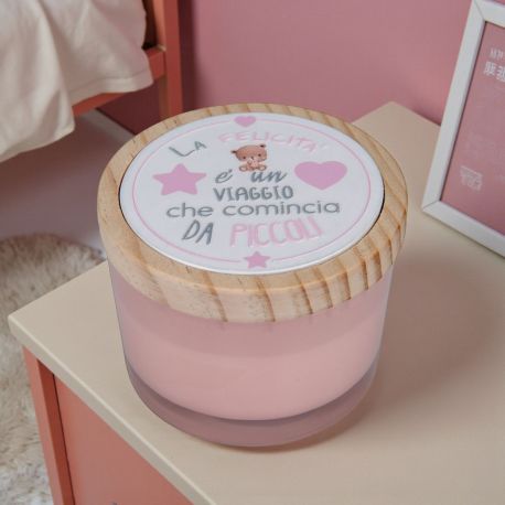 PORTACANDELA IN VETRO ROSA CON ORSETTO E FRASE LA FELICITA E UN VIAGGIO