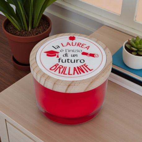 CANDELA CON TAPPO IN LEGNO CON FRASE E SIMBOLI LAUREA