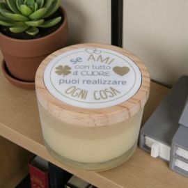 PORTACANDELA IN VETRO BEIGE CON TAPPO IN LEGNO BOMBONIERA MATRIMONIO