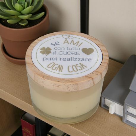 PORTACANDELA IN VETRO BEIGE CON TAPPO IN LEGNO BOMBONIERA MATRIMONIO