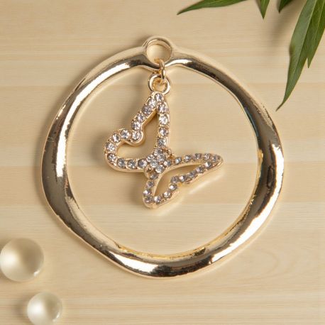 CIONDOLO TONDO CON FARFALLA STRASS PER BOMBONIERE E SEGNAPOSTI